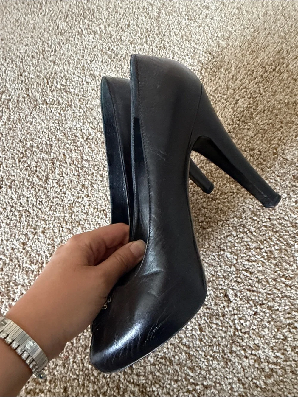 Vintage CHANEL Black Leather Peep-Toe Pumps with Gold CC Emblem